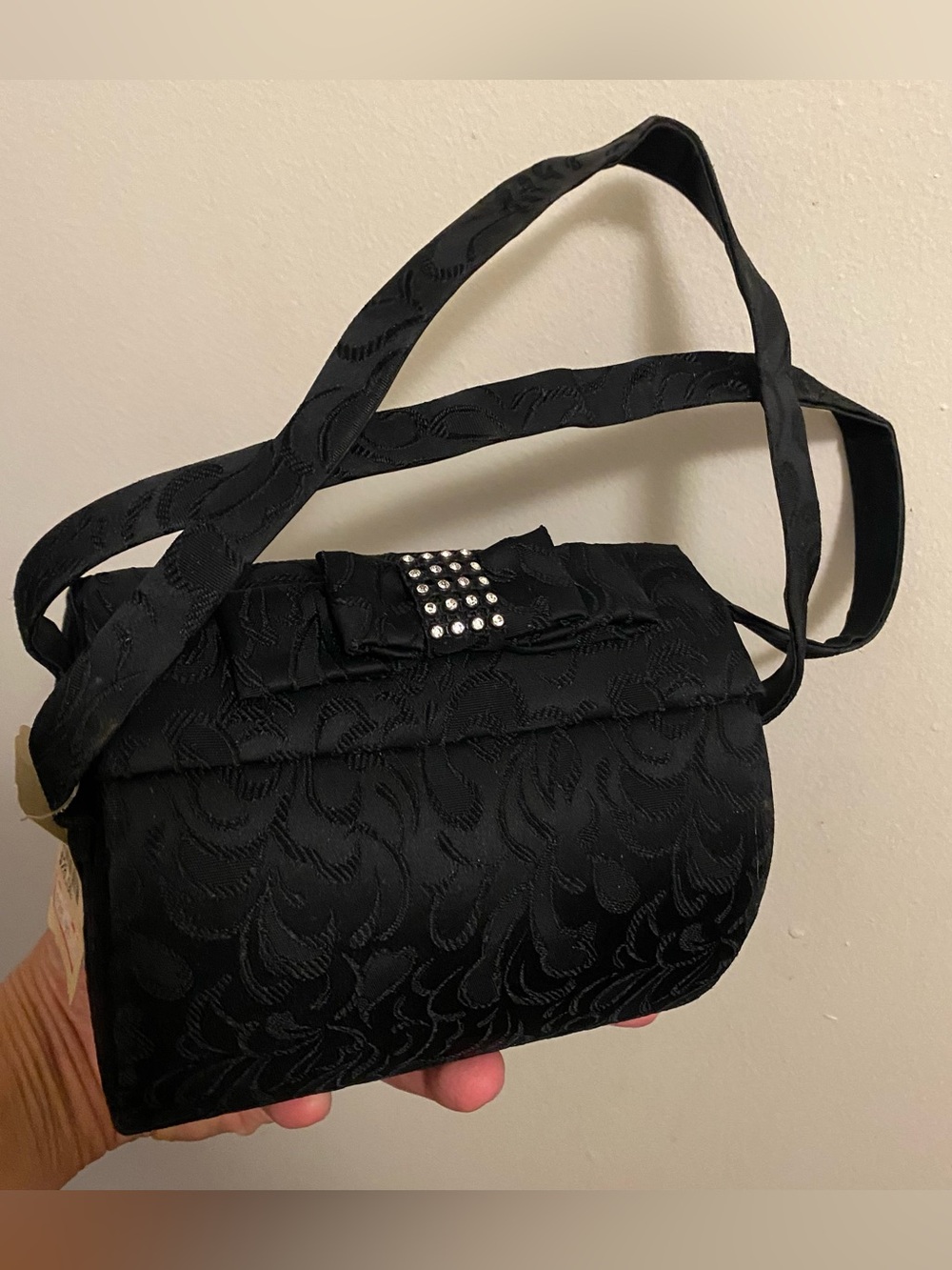 Vintage Robinson’s May Y2K Black Barrel Evening Bag Rhinestones Top Bow 6x5 NWT
